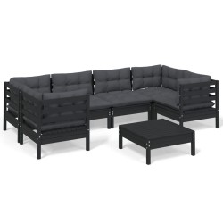vidaXL Muebles de jardín 7 pzas con cojines negro madera de pino