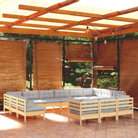 vidaXL Juego de muebles de jardín 13 pzas y cojines madera pino gris