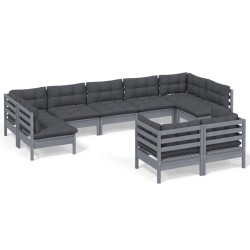vidaXL Muebles de jardín 9 pzas y cojines gris madera maciza de pino