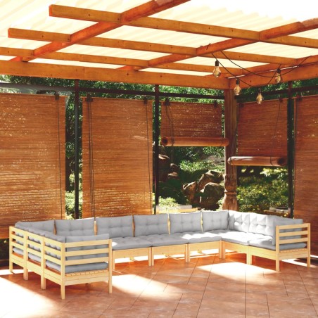 vidaXL Juego de muebles de jardín 10 pzas y cojines madera pino gris