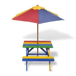vidaXL Mesa de picnic y bancos de niños y sombrilla madera multicolor