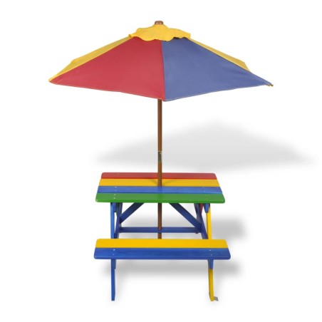 vidaXL Mesa de picnic y bancos de niños y sombrilla madera multicolor