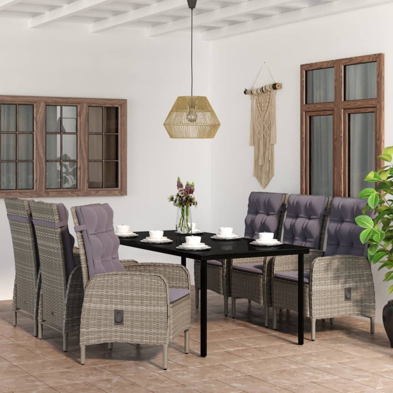 vidaXL Juego de comedor de jardín 7 piezas con cojines gris y negro vidaXL Juego de comedor de jardín 7 piezas con cojines gris y negro