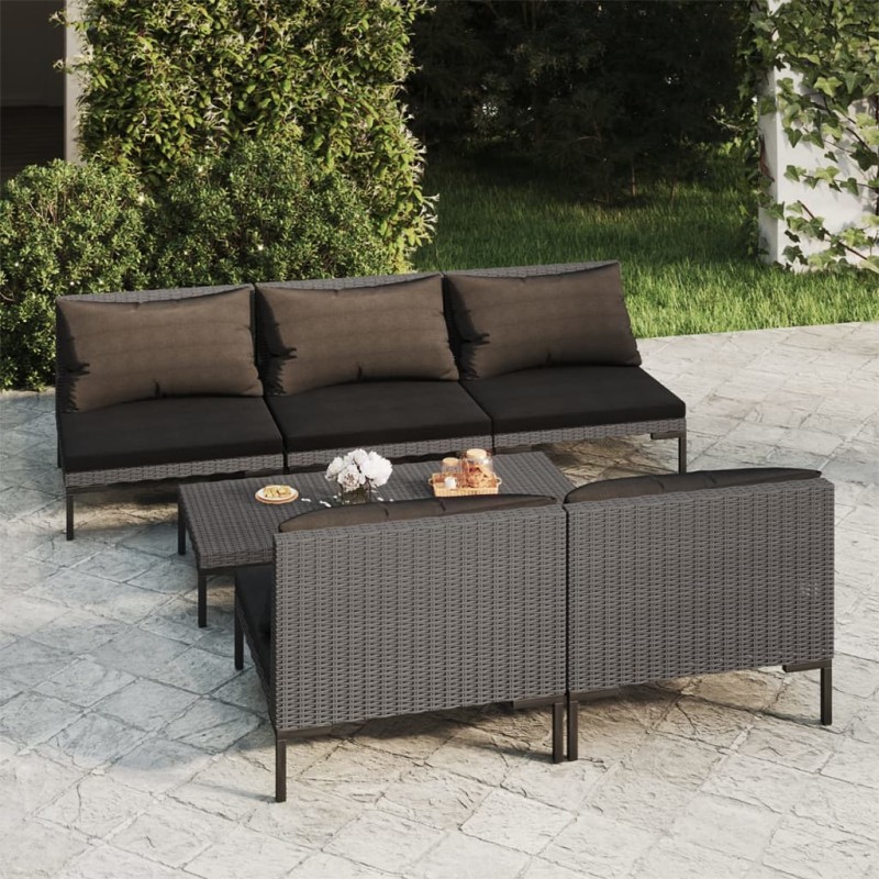 vidaXL Sofás de jardín 6 piezas y cojines ratán sintético gris oscuro vidaXL Sofás de jardín 6 piezas y cojines ratán sintético gris oscuro