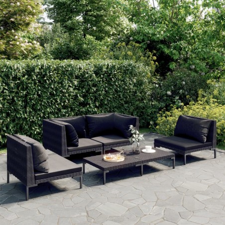 vidaXL Sofás de jardín 5 pzas y cojines ratán sintético gris oscuro
