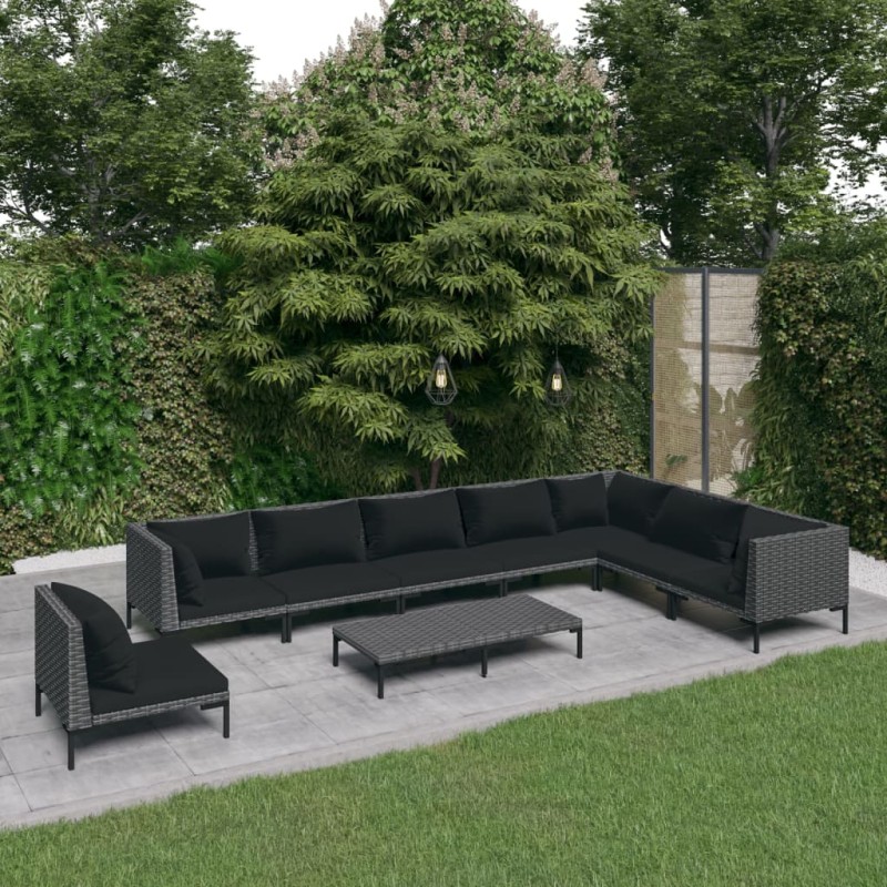 vidaXL Sofás de jardín 9 pzas y cojines ratán sintético gris oscuro vidaXL Sofás de jardín 9 pzas y cojines ratán sintético gris oscuro