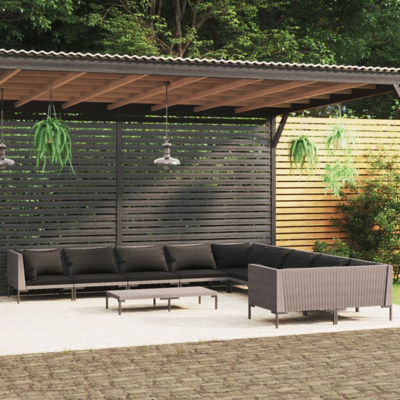 vidaXL Sofás de jardín 11 pzas y cojines ratán sintético gris oscuro