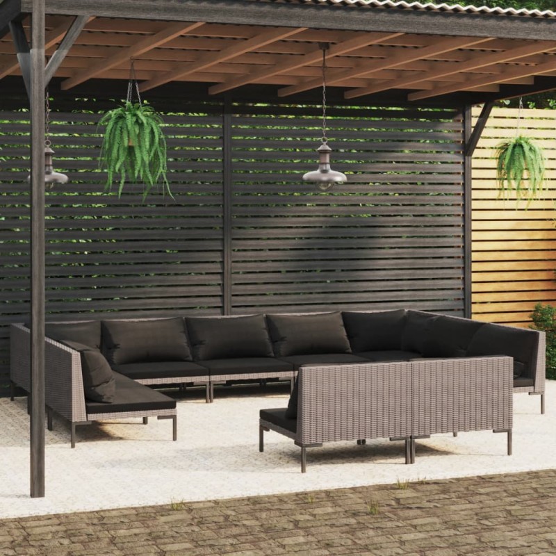 vidaXL Sofás de jardín 11 pzas y cojines ratán sintético gris oscuro