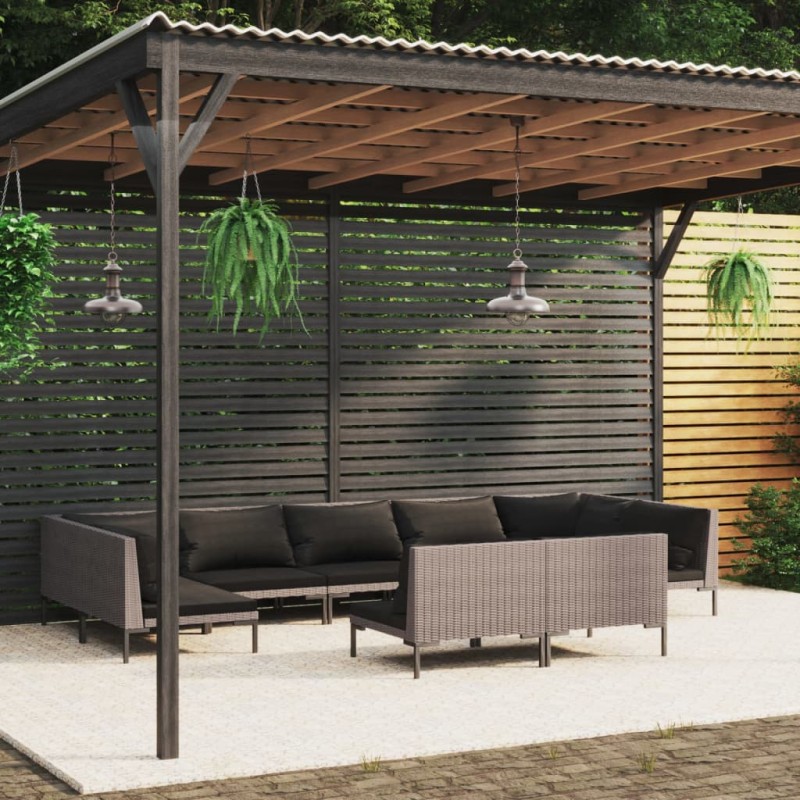 vidaXL Sofás de jardín 9 pzas y cojines ratán sintético gris oscuro