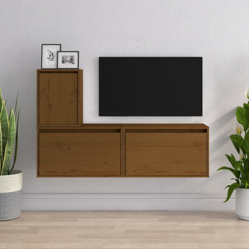 vidaXL Muebles para TV 3 piezas madera maciza de pino marrón miel vidaXL Muebles para TV 3 piezas madera maciza de pino marrón miel