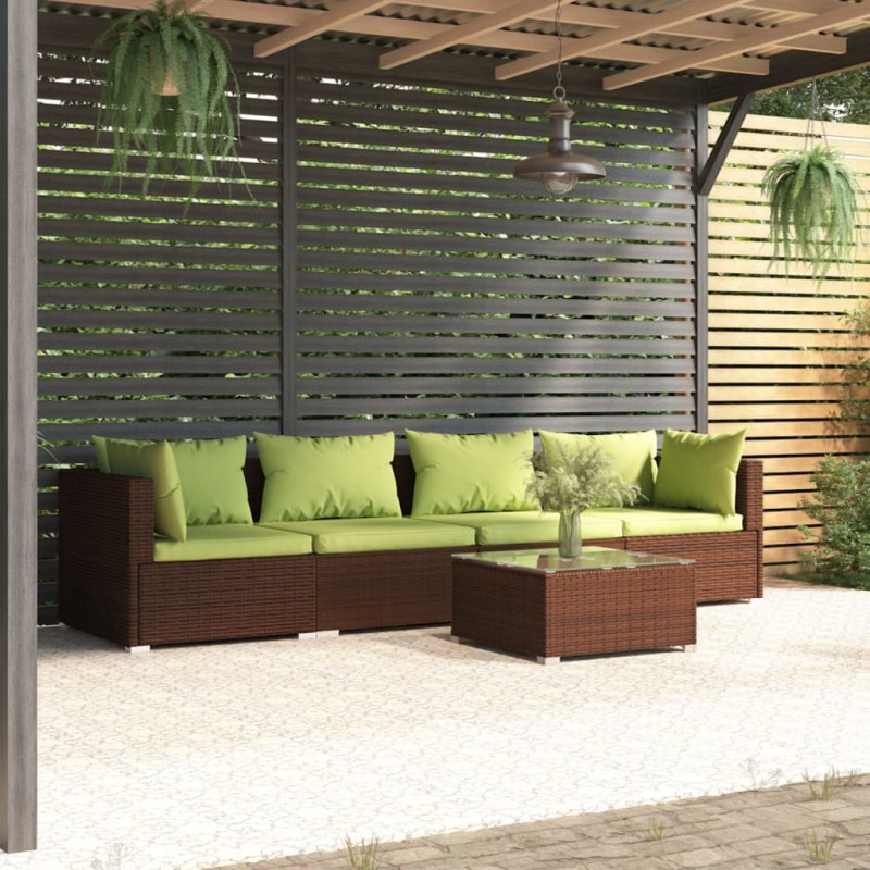 vidaXL Set sofás de jardín 5 piezas y cojines ratán sintético marrón vidaXL Set sofás de jardín 5 piezas y cojines ratán sintético marrón