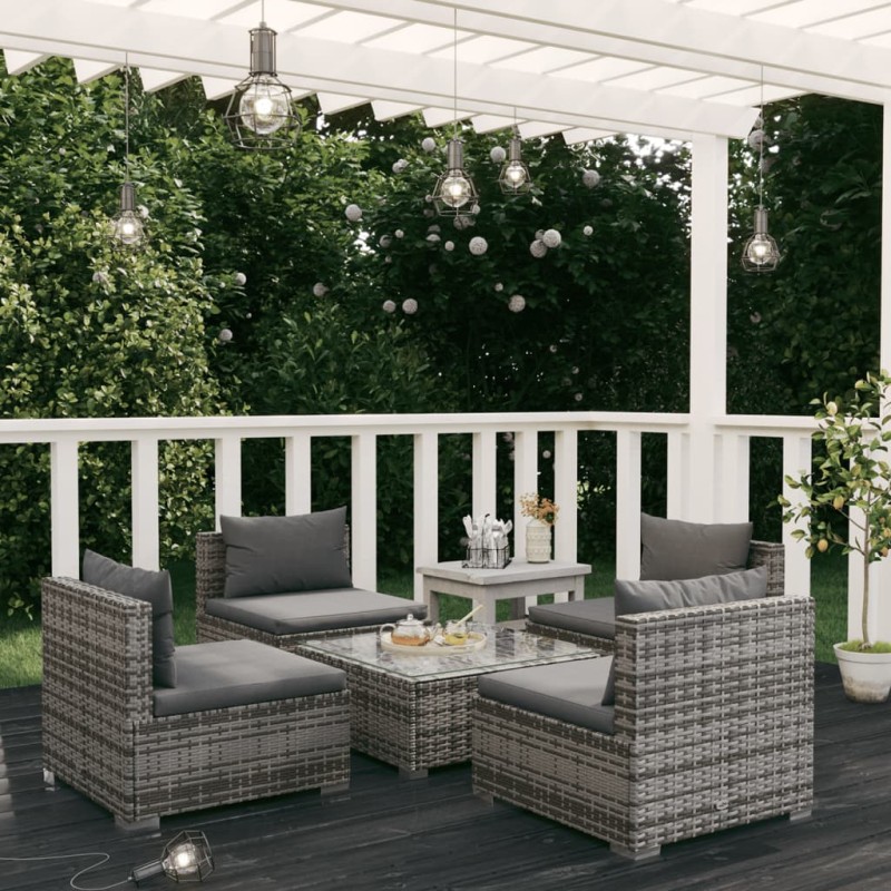 vidaXL Set de sofás de jardín 5 piezas y cojines ratán sintético gris vidaXL Set de sofás de jardín 5 piezas y cojines ratán sintético gris