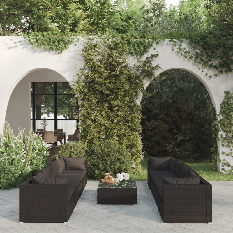 vidaXL Set de muebles de jardín 9 pzas y cojines ratán sintético negro vidaXL Set de muebles de jardín 9 pzas y cojines ratán sintético negro