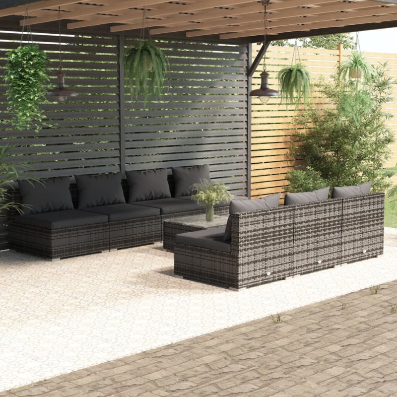 vidaXL Set de sofás de jardín 8 piezas y cojines ratán sintético gris vidaXL Set de sofás de jardín 8 piezas y cojines ratán sintético gris