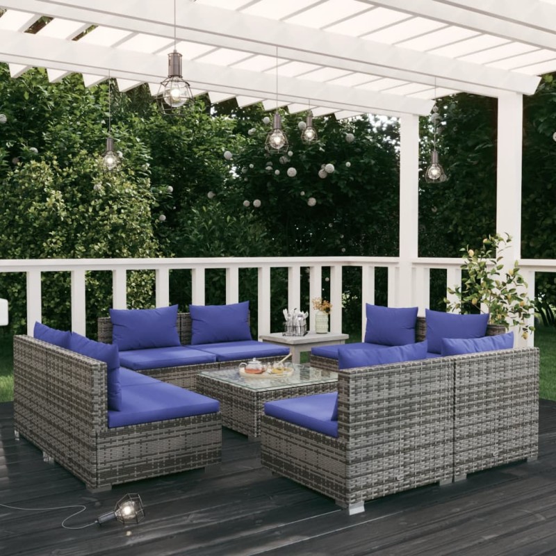 vidaXL Set de muebles de jardín 9 pzas y cojines ratán sintético gris vidaXL Set de muebles de jardín 9 pzas y cojines ratán sintético gris