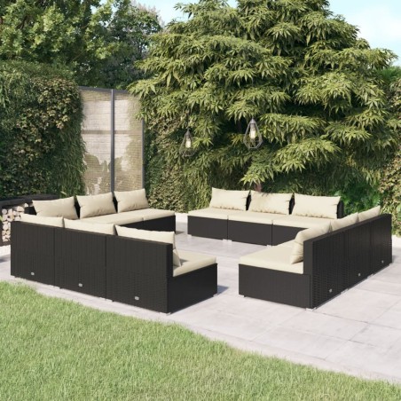 vidaXL Set de sofás de jardín 12 pzas cojines ratán sintético negro