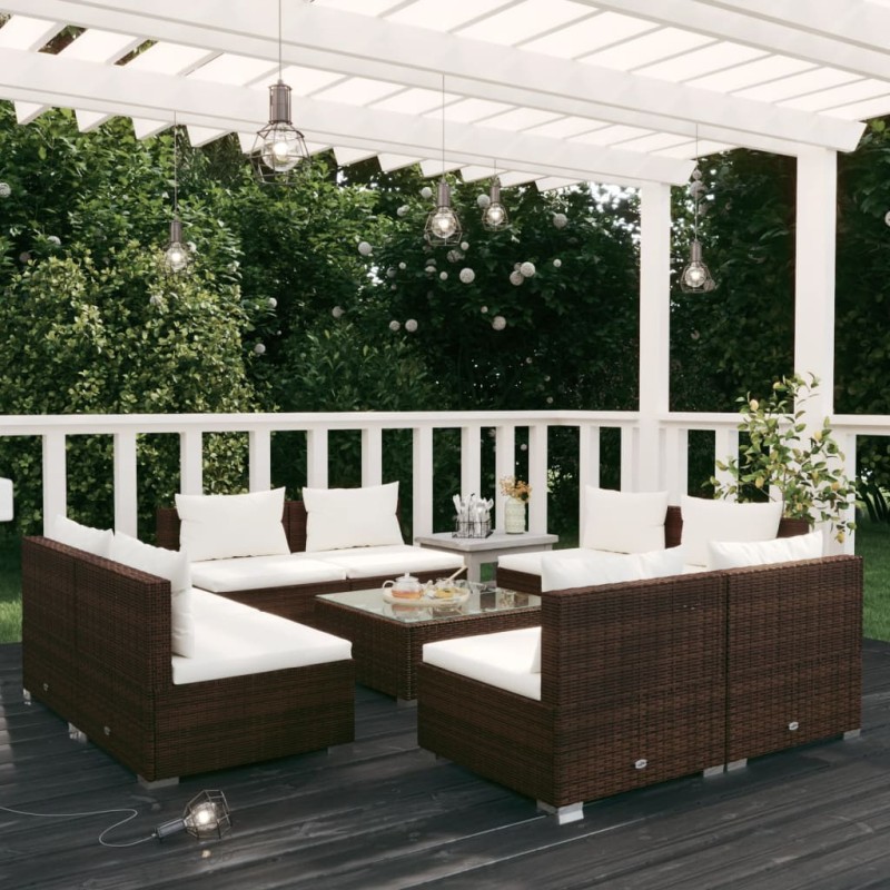 vidaXL Set muebles de jardín 9 piezas y cojines ratán sintético marrón vidaXL Set muebles de jardín 9 piezas y cojines ratán sintético marrón