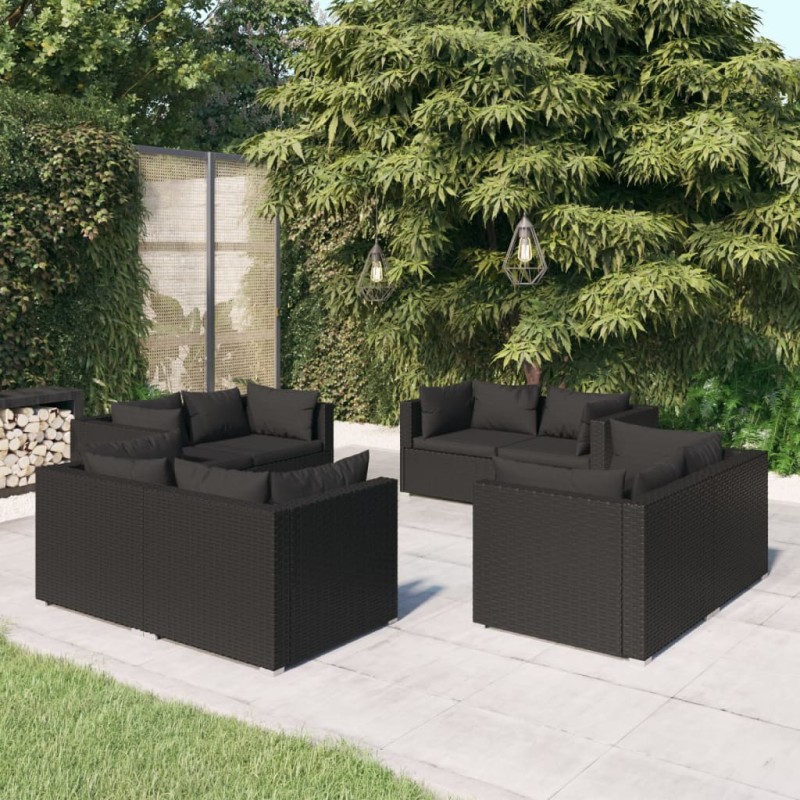 vidaXL Set de muebles de jardín 8 pzas y cojines ratán sintético negro vidaXL Set de muebles de jardín 8 pzas y cojines ratán sintético negro