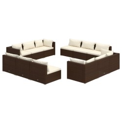 vidaXL Set muebles de jardín y cojines 12 pzas ratán sintético marrón