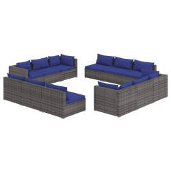 vidaXL Set de muebles de jardín 12 pzas cojines ratán sintético gris