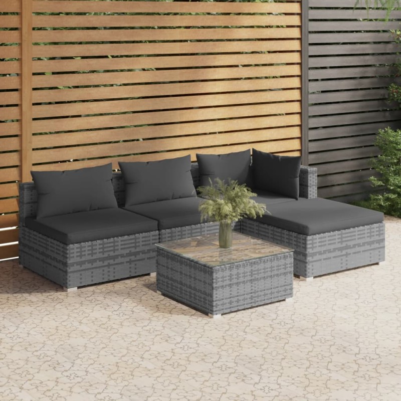 vidaXL Set de muebles de jardín 5 pzas y cojines ratán sintético gris vidaXL Set de muebles de jardín 5 pzas y cojines ratán sintético gris
