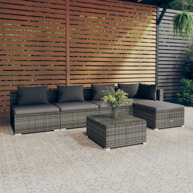vidaXL Set de muebles de jardín 6 pzas y cojines ratán sintético gris vidaXL Set de muebles de jardín 6 pzas y cojines ratán sintético gris