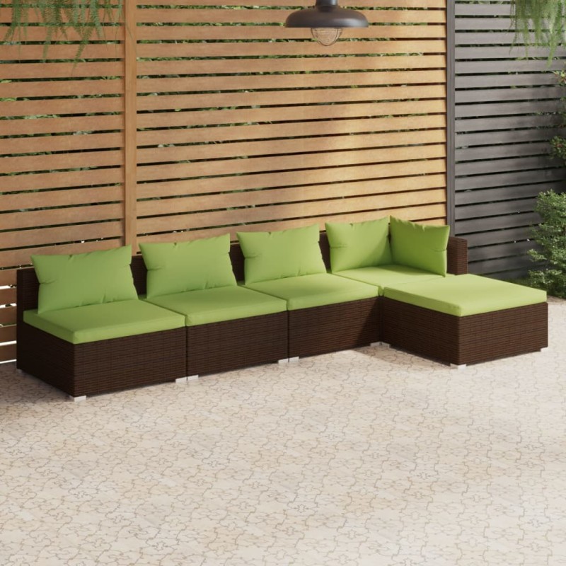 vidaXL Set sofás de jardín 5 piezas y cojines ratán sintético marrón vidaXL Set sofás de jardín 5 piezas y cojines ratán sintético marrón