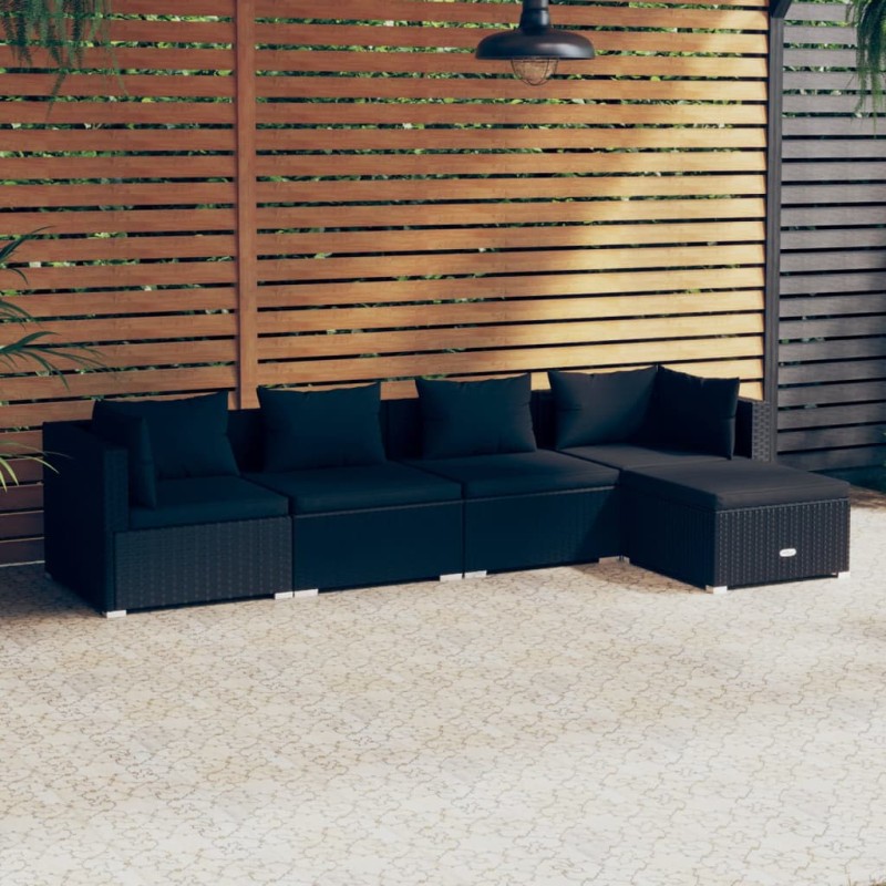 vidaXL Set de muebles de jardín 5 pzas y cojines ratán sintético negro vidaXL Set de muebles de jardín 5 pzas y cojines ratán sintético negro