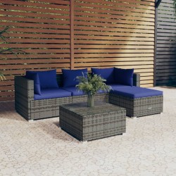 vidaXL Set de sofás de jardín 5 piezas y cojines ratán sintético gris