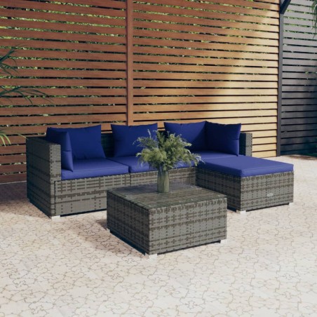 vidaXL Set de sofás de jardín 5 piezas y cojines ratán sintético gris