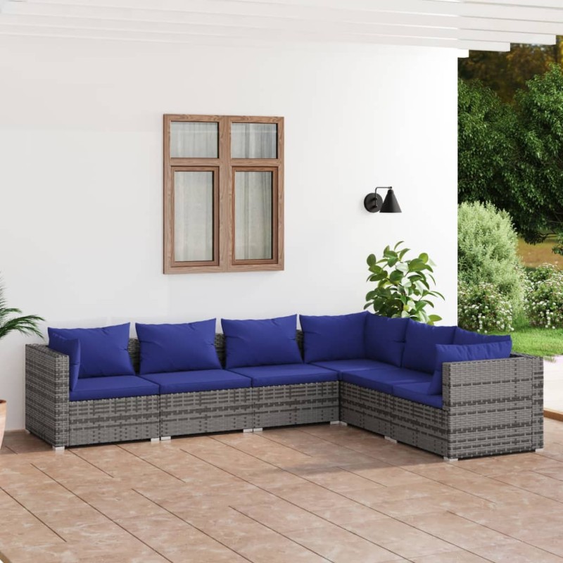 vidaXL Set de sofás de jardín 6 piezas y cojines ratán sintético gris vidaXL Set de sofás de jardín 6 piezas y cojines ratán sintético gris