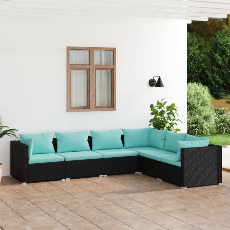 vidaXL Set de muebles de jardín 6 pzas y cojines ratán sintético negro vidaXL Set de muebles de jardín 6 pzas y cojines ratán sintético negro