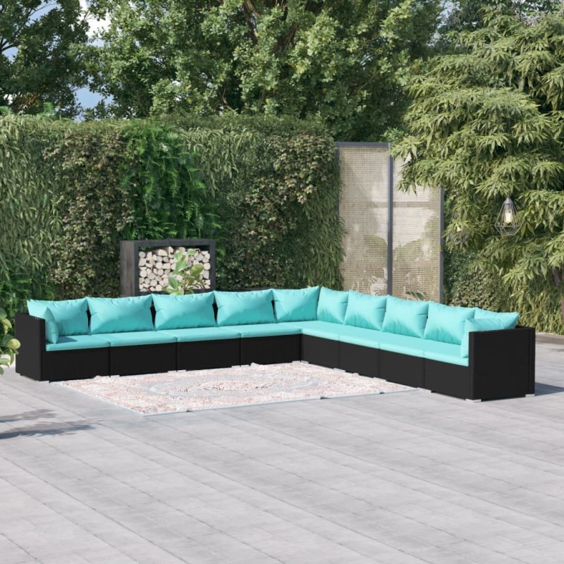vidaXL Set de muebles de jardín 9 pzas y cojines ratán sintético negro vidaXL Set de muebles de jardín 9 pzas y cojines ratán sintético negro