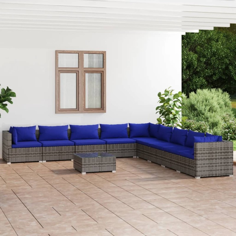 vidaXL Set de muebles de jardín 10 pzas y cojines ratán sintético gris vidaXL Set de muebles de jardín 10 pzas y cojines ratán sintético gris