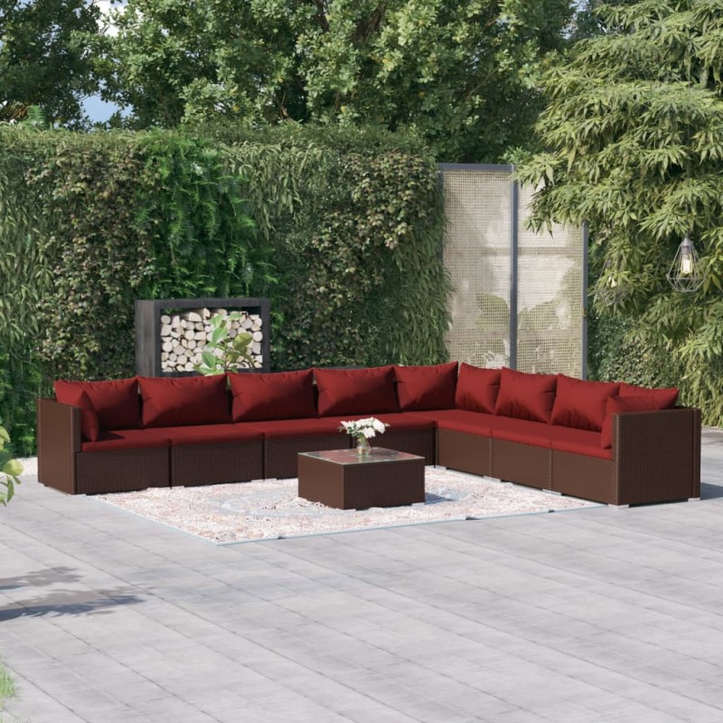 vidaXL Set muebles de jardín 9 piezas y cojines ratán sintético marrón vidaXL Set muebles de jardín 9 piezas y cojines ratán sintético marrón