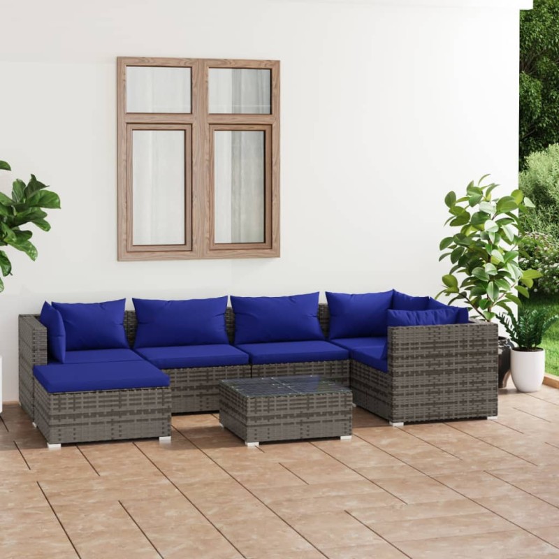 vidaXL Set de sofás de jardín 7 piezas y cojines ratán sintético gris vidaXL Set de sofás de jardín 7 piezas y cojines ratán sintético gris