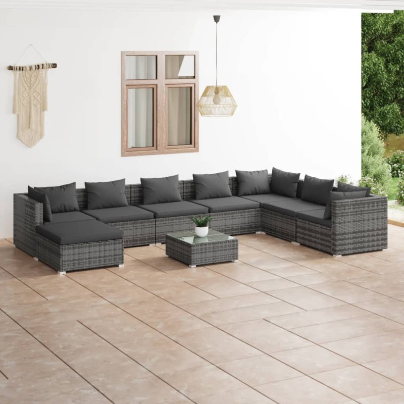 vidaXL Set de muebles de jardín 9 pzas y cojines ratán sintético gris vidaXL Set de muebles de jardín 9 pzas y cojines ratán sintético gris