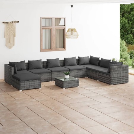 vidaXL Set de muebles de jardín 9 pzas y cojines ratán sintético gris