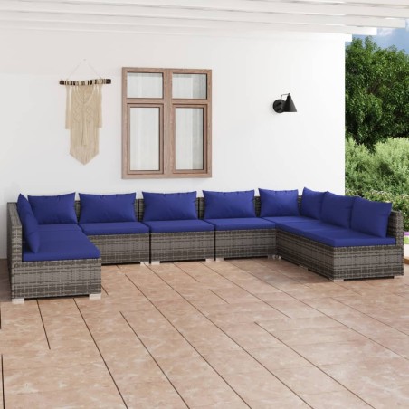vidaXL Set de muebles de jardín 9 pzas y cojines ratán sintético gris