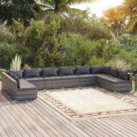 vidaXL Set de muebles de jardín 10 pzas y cojines ratán sintético gris