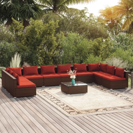 vidaXL Set de muebles de jardín 11 pzas cojines ratán sintético marrón