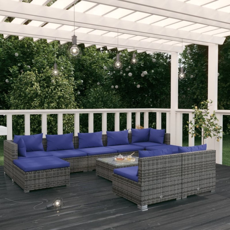 vidaXL Set de muebles de jardín 10 pzas y cojines ratán sintético gris vidaXL Set de muebles de jardín 10 pzas y cojines ratán sintético gris