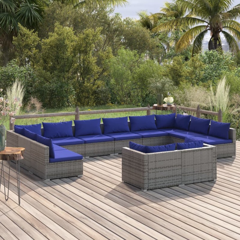 vidaXL Set de muebles de jardín 12 pzas y cojines ratán sintético gris vidaXL Set de muebles de jardín 12 pzas y cojines ratán sintético gris