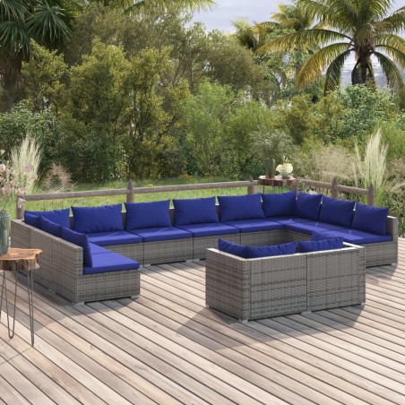 vidaXL Set de muebles de jardín 12 pzas y cojines ratán sintético gris