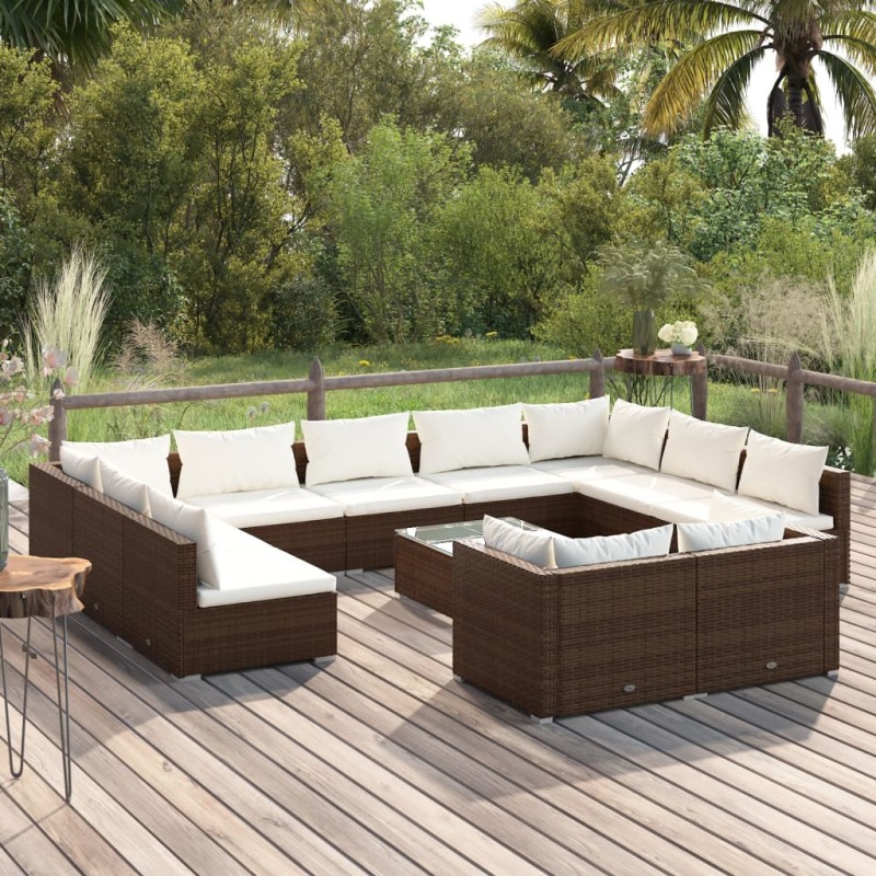 vidaXL Set muebles de jardín 12 pzas y cojines ratán sintético marrón vidaXL Set muebles de jardín 12 pzas y cojines ratán sintético marrón