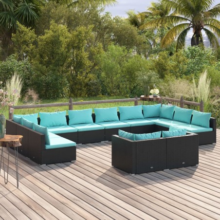 vidaXL Set de muebles de jardín 12 pzas cojines ratán sintético negro