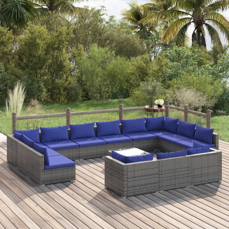 vidaXL Set de muebles de jardín 14 pzas y cojines ratán sintético gris vidaXL Set de muebles de jardín 14 pzas y cojines ratán sintético gris