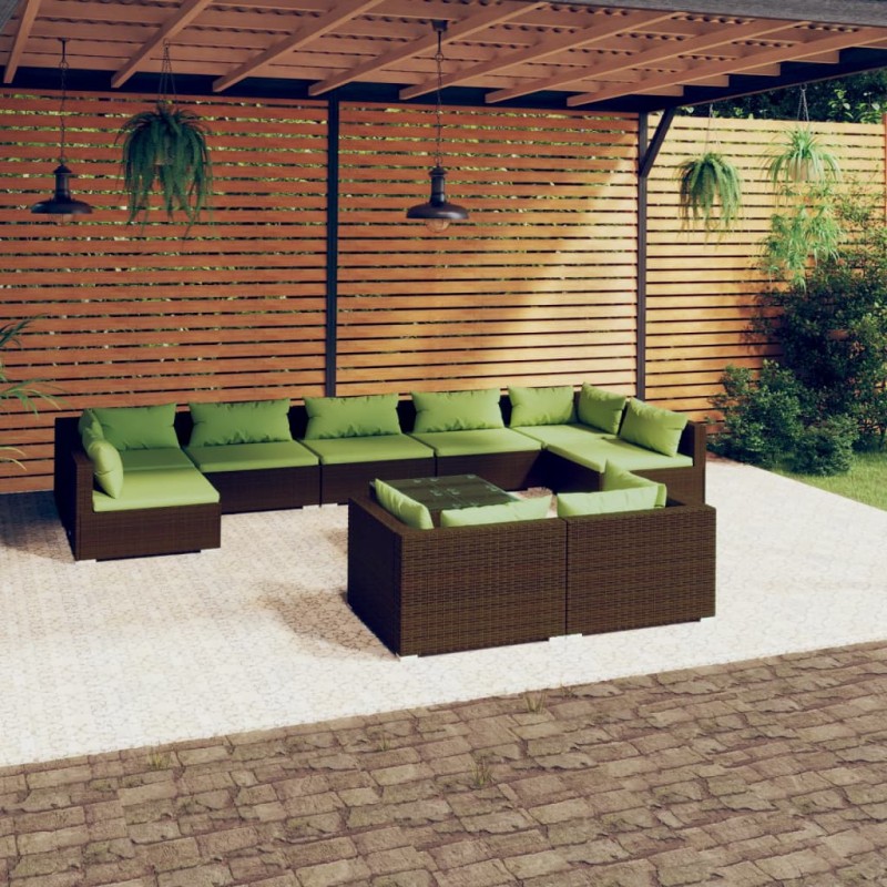 vidaXL Set muebles de jardín 10 pzas y cojines ratán sintético marrón vidaXL Set muebles de jardín 10 pzas y cojines ratán sintético marrón