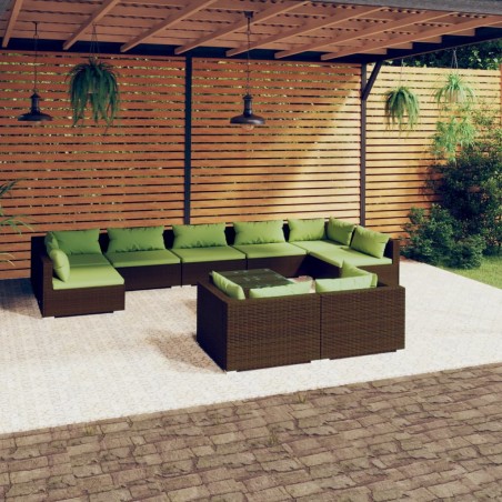 vidaXL Set muebles de jardín 10 pzas y cojines ratán sintético marrón