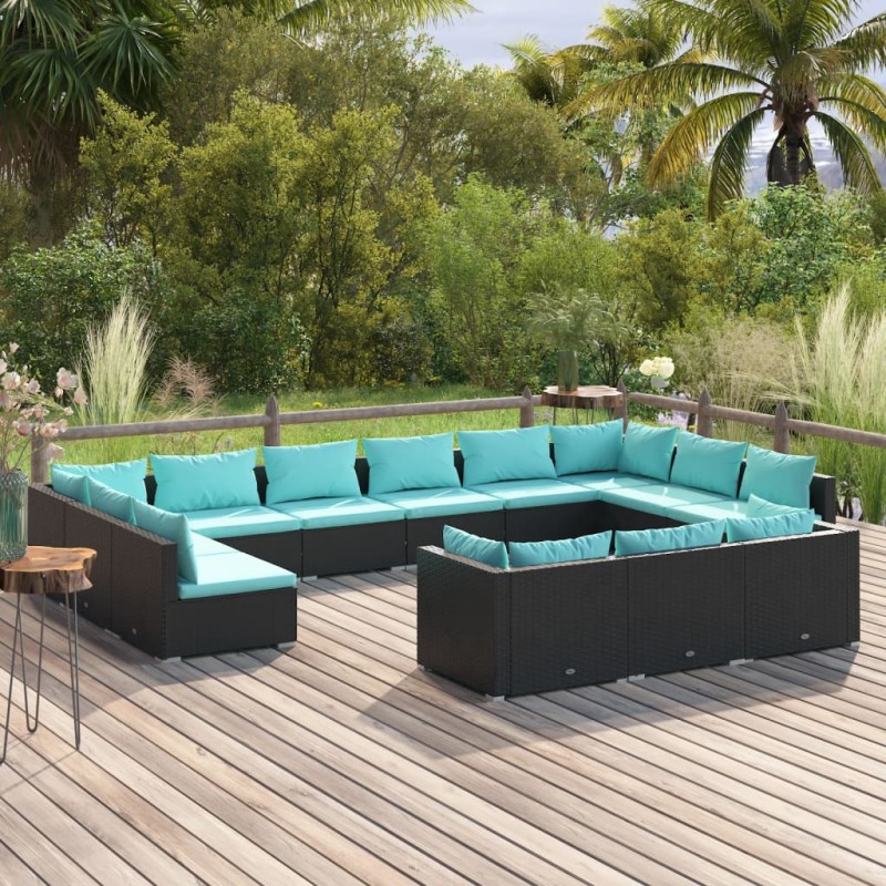vidaXL Set de muebles de jardín 13 pzas cojines ratán sintético negro